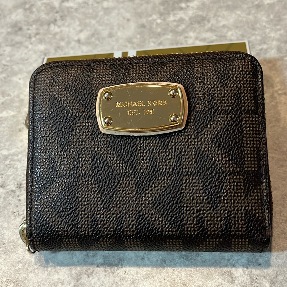 Michael Kors Brown Signature Zip-around Compact Wallet
